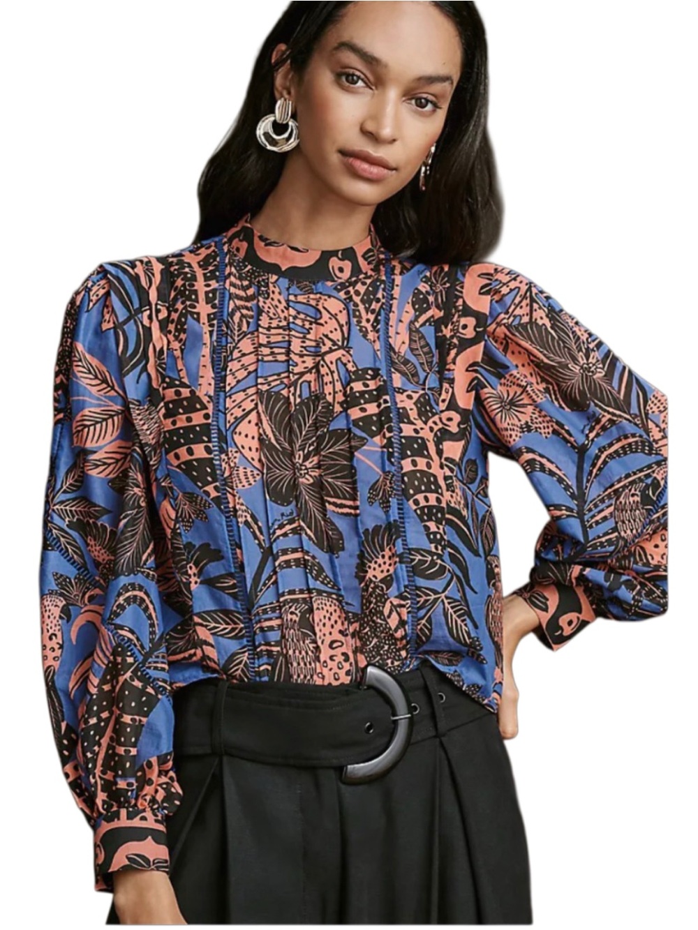 Farm Rio Tropical Pleated Long-Sleeve Blouse — Blue — Size XS